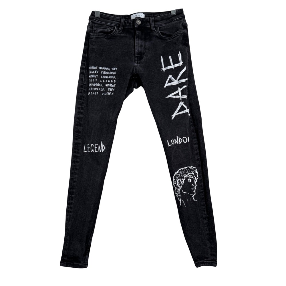 Legend London‎ Jeans Spray On Skinny Graffiti Print Black Denim Mens Size 28x28